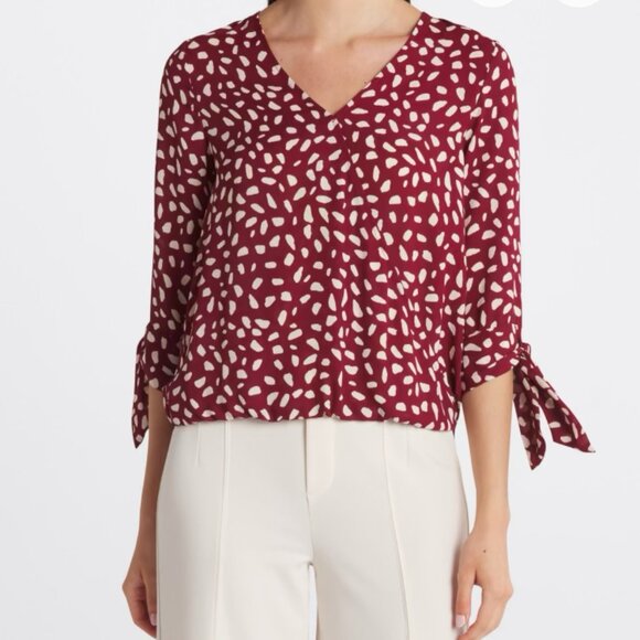 West Kei Allan Surplice Tie Sleeve High Low Blouse, Size M, Rust/Burgundy - Picture 1 of 13